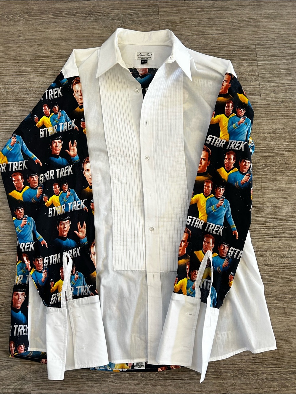 VTG Aetna Star Trek Tuxedo Party Shirt Mens 16.5 34 Spock Kirk Pleat Sci Fi Rare
